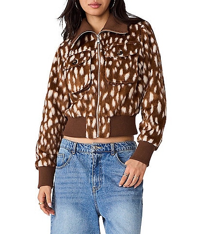 Steve Madden Hunton Country Doe Dot Printed Collared Long Sleeve Faux Fur Jacket