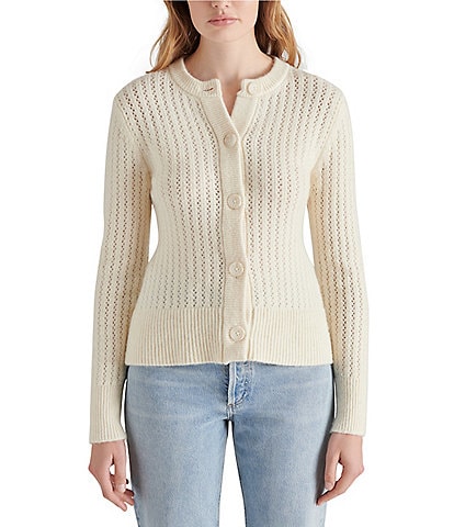 Steve Madden Illiana Knit Pointelle Crew Neck Long Sleeve Button Front Sweater