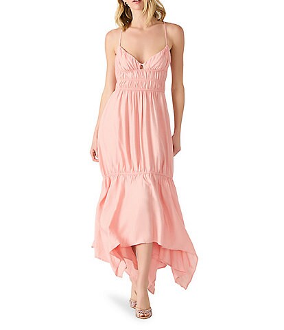 Steve Madden Jackie Rayon Crepe Sweetheart Neck Smocked Hanky Hem Midi Dress