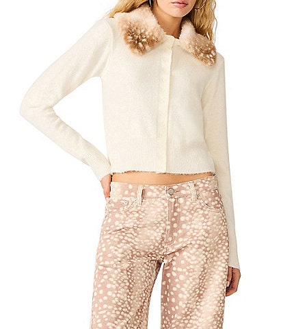 Steve Madden Jadie Faux Fur Collared Long Sleeve Button Front Cropped Cardigan