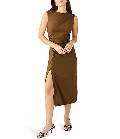 Steve Madden Keegan Crew Neck Sleeveless Ruched Knit Sheath Midi Dress