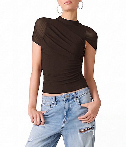 Steve Madden Kerry Mesh Mock Neck Wrap Short Sleeve Knit Top