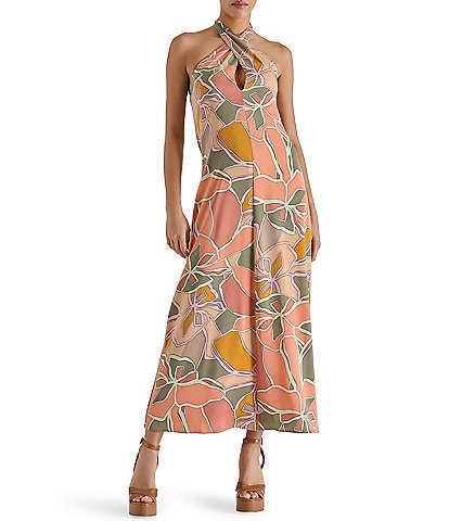 Steve Madden Larissa Woven Floral Print Twist Halter Neck Sleeveless A-Line Maxi Dress