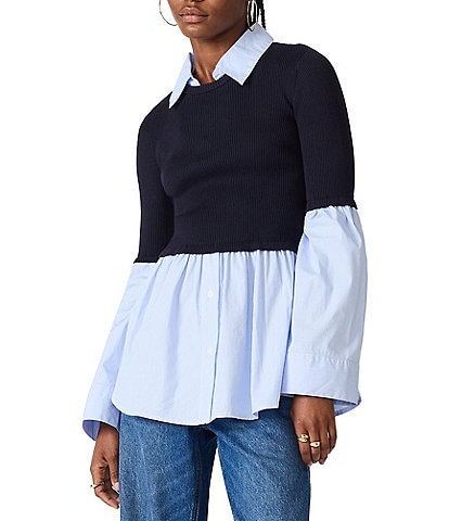 Steve Madden Lenny Collared Long Sleeve Mixed Media Top