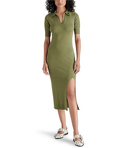 Steve Madden Lindy Rib Knit V Neck Short Sleeve Midi Dress