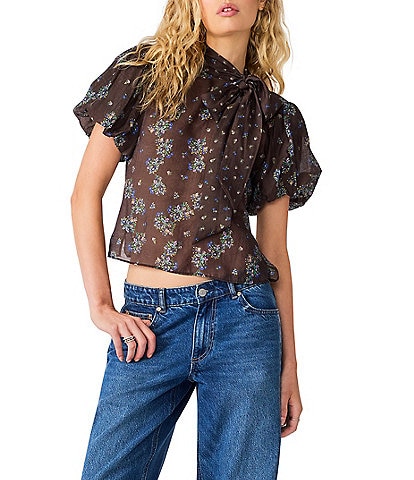 Steve Madden Lolanie Floral Printed Bow Tie High Neck Short Bubble Sleeve Top