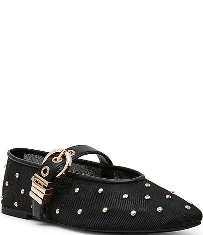 Steve Madden Lucia Studded Mesh Buckle Hardware Mary Jane Ballet Flats