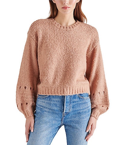 Steve Madden Lucie Pointelle Crew Neck Long Sleeve Sweater