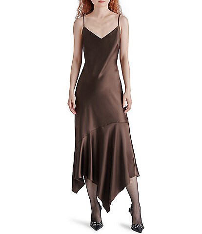 Steve Madden Lucille V-Neck Sleeveless Asymmetrical Satin Midi Dress