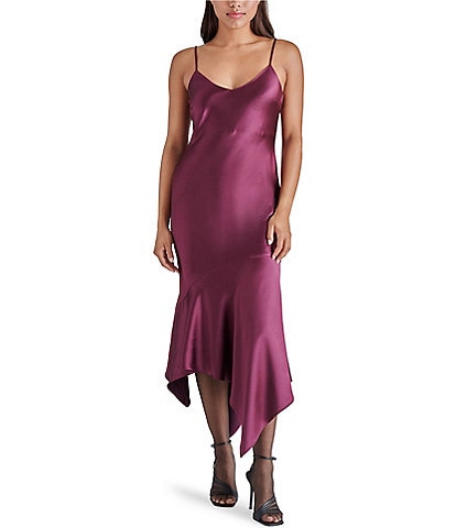 Steve Madden Lucille V-Neck Sleeveless Asymmetrical Hem Satin Midi Dress