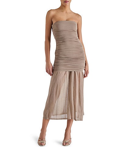 Steve Madden Lula Knit Strapless Neck Sleeveless Sheer Hem Sheath Midi Dress