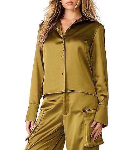 Steve Madden Mare Satin Collared Long Sleeve Button Front Top