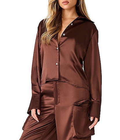 Steve Madden Mare Satin Collared Long Sleeve Button Front Top