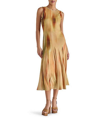 Steve Madden Marenne Printed Mesh Knit Crew Neck Sleeveless Midi Dress