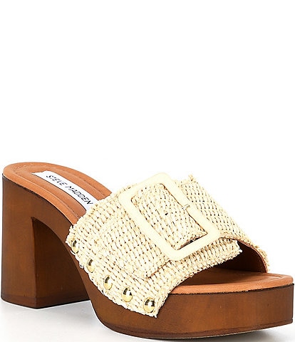 Steve Madden Marlena Raffia Buckle Wooden Clog Sllides