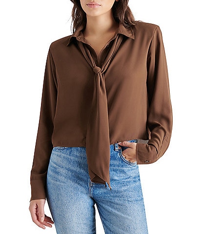 Steve Madden Noelle Button Down Collar Neck Long Sleeve Self Tie Top