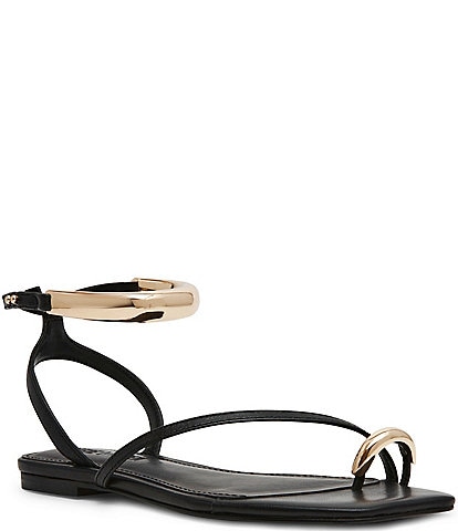 Steve Madden Odyssey Leather Toe Loop Ankle Strap Hardware Flat Sandals