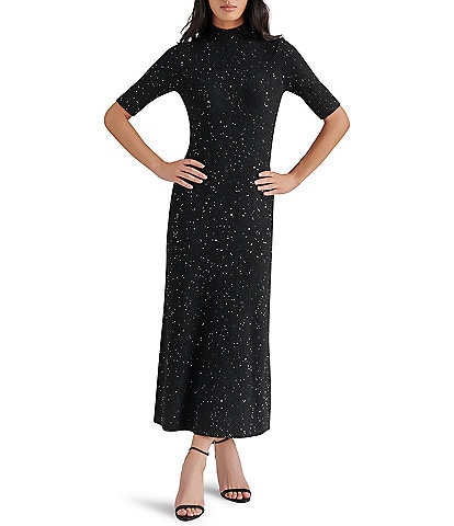 Steve Madden Pernille Knit Sequin Mock Neck Short Sleeve Maxi Dress