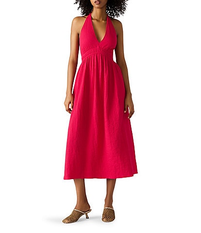 Steve Madden Piper Stretch Cotton Gauze Smocked Waist Halter Tie Midi Dress