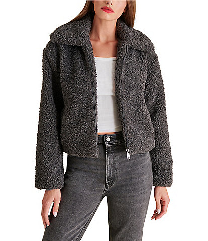 Steve Madden Pippin Curly Faux Fur Point Collar Neck Long Sleeve Front Zip Oversized Jacket