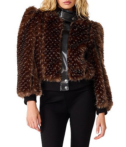Steve Madden Pru Faux Fur Funnel Neck Long Sleeve Zip-Front Jacket