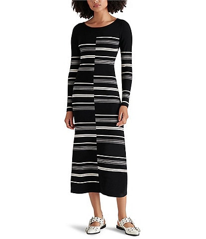 Steve Madden Rayssa Knit Stripe Print Crew Neck Long Sleeve Midi Sweater Dress