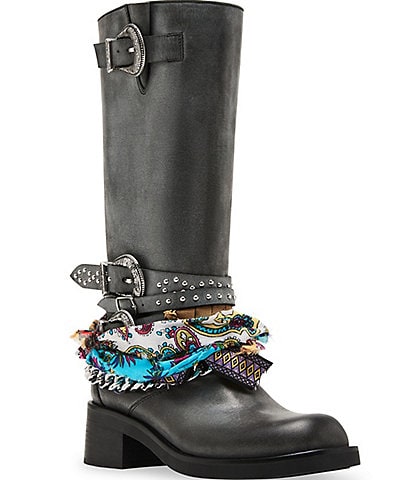 Steve Madden Rebel Chain Buckle Distressed Leather Scarf Detail Tall Moto Boots
