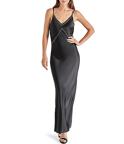 Steve Madden Reese Satin Rhinestone Embellished V-Neck Sleeveless Maxi Dress