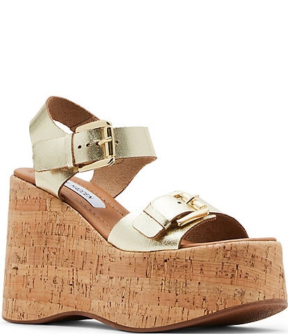 Steve Madden River Leather Buckled Platform Wedge Sandals