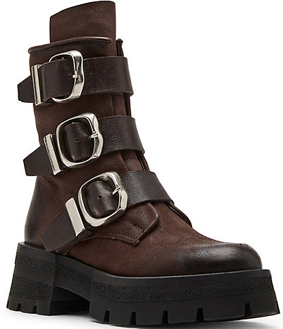 Steve Madden Roland Leather Buckle Strap Chunky Lug Sole Booties