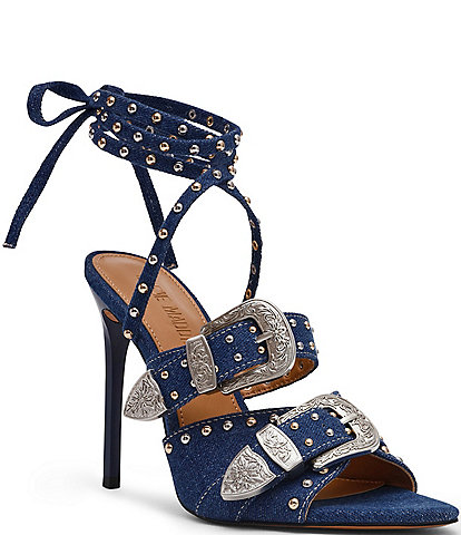 Steve Madden Saddle Denim Studded Western Buckle Hardware Ankle Wrap Stiletto Dress Sandals