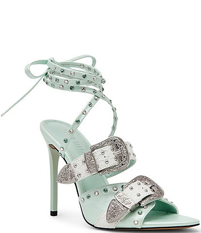 Steve Madden Saddle Studded Ankle Wrap Buckle Detail Stiletto Dress Sandals