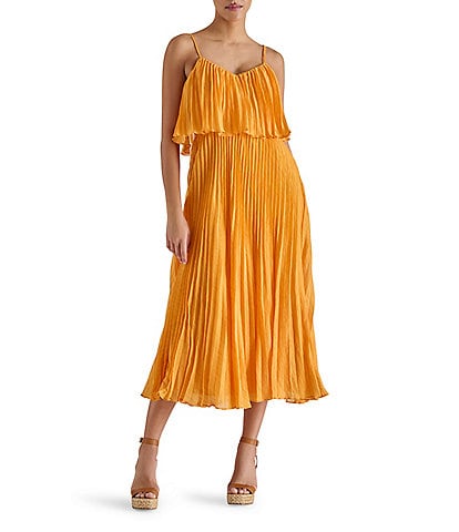 Steve Madden Sakura Pleated Woven V Neck Sleeveless Fit and Flare Midi Dress