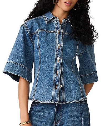 Steve Madden Savy Collared Elbow Sleeve Button Front Denim Top