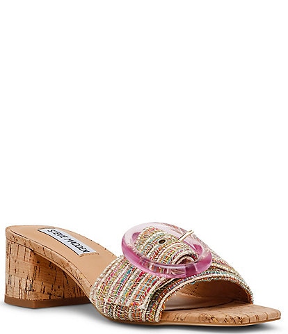 Steve Madden Seacrest Striped Raffia Buckle Detail Cork Slide Sandals