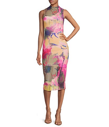 Steve Madden Sidra Graffiti Floral Mesh Mock Neck Bodycon Midi Dress