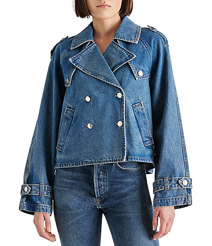 Steve Madden Sirus Denim Collar Neck Long Sleeve Cropped Trench Jacket