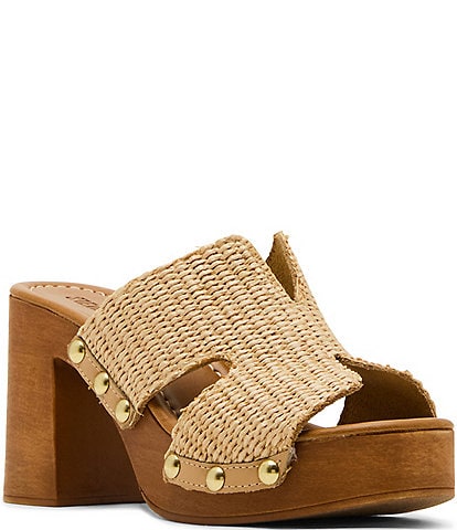 Steve Madden Sunkissed Raffia Wood Platform Block Heel Slide Sandals