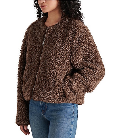 Steve Madden Teddy Sherpa Round Neck Long Sleeve Front Zipper Jacket