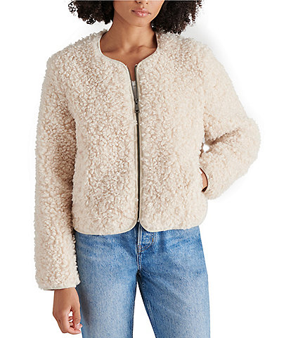 Steve Madden Teddy Sherpa Round Neck Long Sleeve Front Zipper Jacket