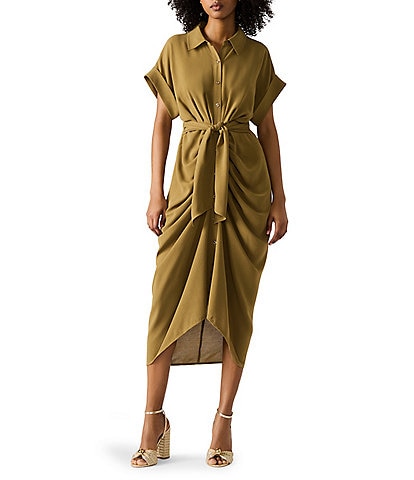 Steve Madden Tori Point Collar Neck Short Sleeve Button Front Midi Dress