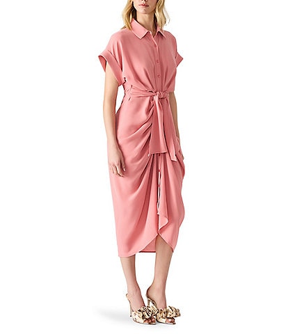 Steve Madden Tori Point Collar Neck Short Sleeve Button Front Midi Dress