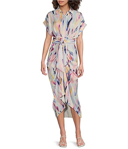 Steve Madden Tori Watercolor Print Point Collar Short Kimono Cuff Sleeve Ruched Front Asymmetrical Hem Midi Shirt Dress