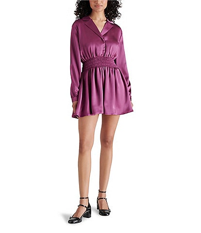 Steve Madden Valerie Satin Point Collar Long Sleeve Smocked Waist Mini Dress