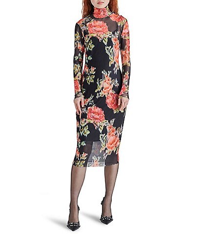 Steve Madden Vivienne Floral Printed Mesh Turtleneck Long Sleeve Bodycon Midi Dress