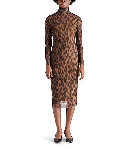 Steve Madden Vivienne Leopard Print Mesh Turtleneck Long Sleeve Bodycon Midi Dress