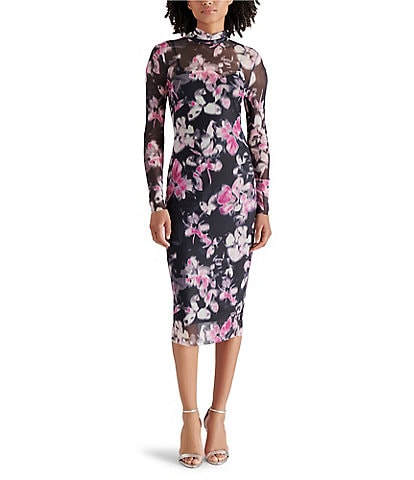 Steve Madden Vivienne Mesh Floral Print Mock Neck Long Sleeve Midi Dress