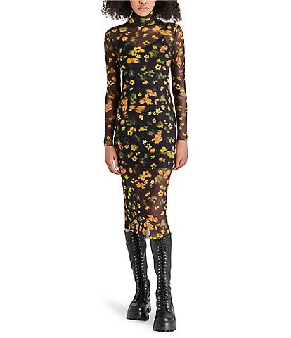 Steve Madden Vivienne Mesh Floral Print Turtleneck Long Sleeve Bodycon Midi Dress