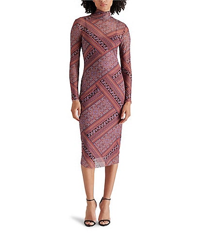 Steve Madden Vivienne Mesh Paisley Print Turtleneck Long Sleeve Bodycon Midi Dress