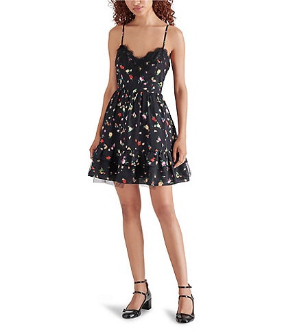 Steve Madden Yasmina Georgette Floral Print V-Neck Sleeveless Lace Trim Mini Dress